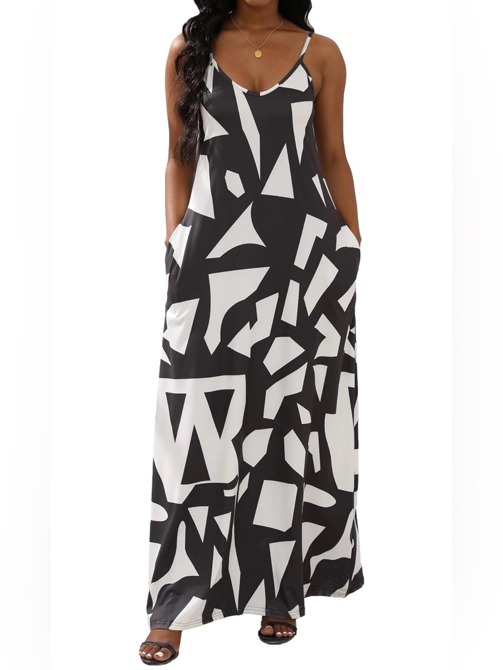 Black & White Geometric Maxi Dress - Sleeveless Summer Slip Dress